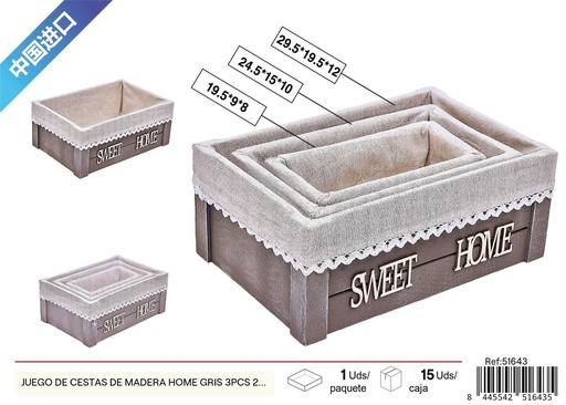 [251643] Juego de cestas de madera grises HOME - Almacenamiento decorativo