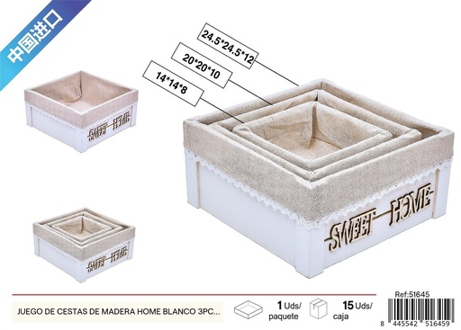 [51645] Juego de cestas de madera Home blanco 3pcs 24.5*24.5*12cm - Almacenamiento decorativo