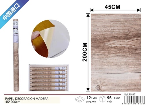 [51817] Papel decorativo imitación madera 45x200cm para pared y muebles