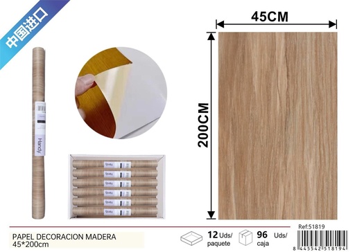 [51819] Papel de decoración con diseño de madera 45x200cm para revestimientos