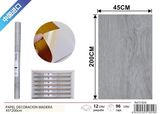 [51824] Papel de decoración efecto madera 45x200cm para paredes