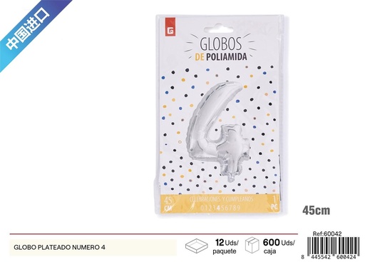 [260042] Globo de aluminio plateado número 4 - Decoración para fiestas