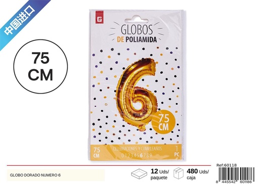 [60118] GLOBO DORADO NÚMERO 6 75 cm - Artículos de fiesta