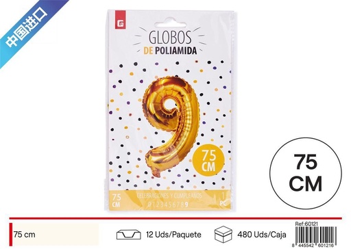 [260121] GLOBO DORADO NÚMERO 9 75 cm - Artículos de fiesta