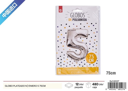 [260127] GLOBO PLATEADO NÚMERO 5 75 cm - Artículos de fiesta