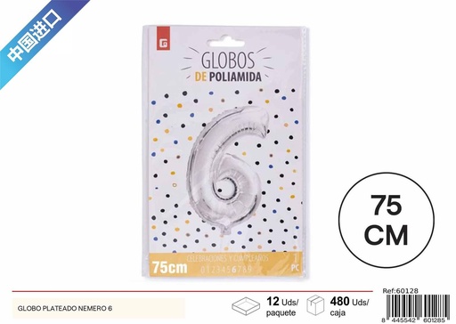 [60128] Globo plateado en forma de número 6 75 cm - Artículos para fiestas y celebraciones