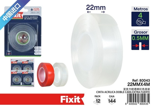 [80043] Cinta acrílica doble cara extra fuerte 1mm*22mm*4m - Cintas