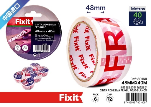 [80160] Cinta adhesiva frágil rojo y blanco 48mm x 40m para embalaje y envíos