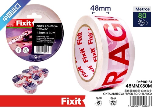 [80161] Cinta frágil roja y blanca 48 mm x 80 m - Material de embalaje