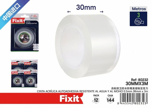 [80232] Cinta acrílica autoadhesiva resistente al agua 30mm*3m - Suministros de construcción