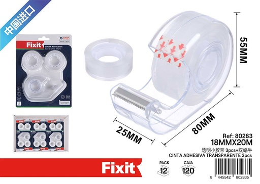 [80283] Cinta adhesiva transparente 18mm x 20m (3 piezas) - Suministros de oficina y cinta