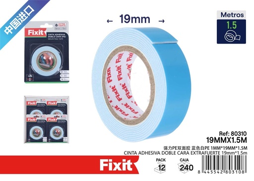 [80310] Cinta adhesiva doble cara extrafuerte 19mm x 1.5m - Cintas adhesivas y selladoras