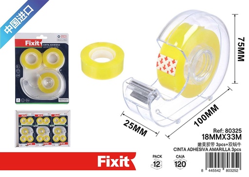 [80325] Cinta adhesiva amarilla 18mm*33m 3pcs - Material de oficina y adhesivos