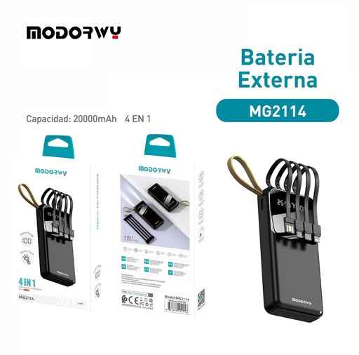 [186011421] Power bank 4 en 1 20000mAh negro MG2114 para carga y tecnología