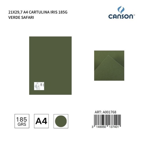 [A001768] Cartulina A4 21x29,7 185g Color Verde Safari - Cartulina IRIS, Material de oficina