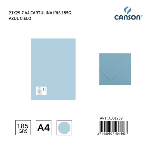[A001759] Cartulina A4 21x29.7 185g color azul cielo - IRIS