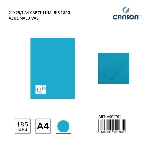[A001761] Cartulina A4 21x29.7 185g color azul maldivas - IRIS
