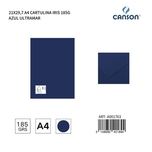 [A001763] Cartulina A4 21x29,7 185g Color Azul Ultramar - Cartulina IRIS, Material de oficina