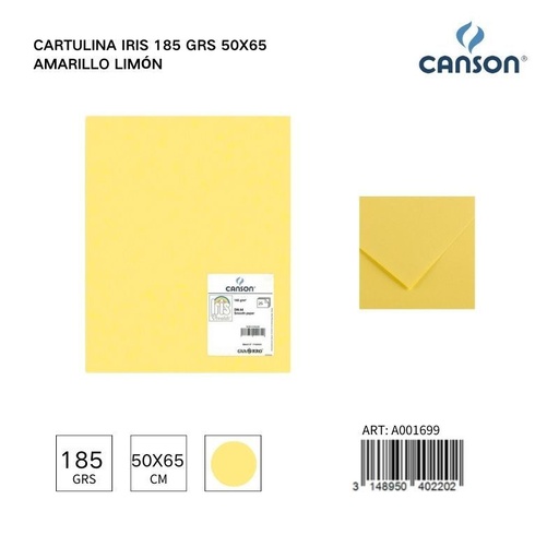 [A001699] Cartulina Iris 185g 50x65 color amarillo limón - Pack de hojas