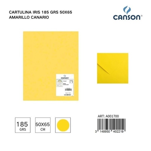 [A001700] Cartulina Iris 185g 50x65 color amarillo canario - Pack de hojas