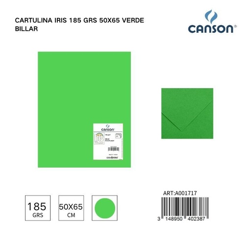 [A001717] Cartulina Iris verde billar 185 grs 50x65 cm - Papelería y manualidades