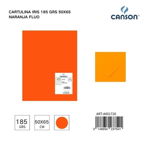 [A001726] Cartulina Iris 185 grs 50x65 Naranja Fluo - Papelería