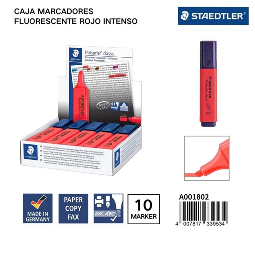 [A001802] Marcadores fluorescentes STAEDLER 1/5MM Caja 10 Rojo Intenso