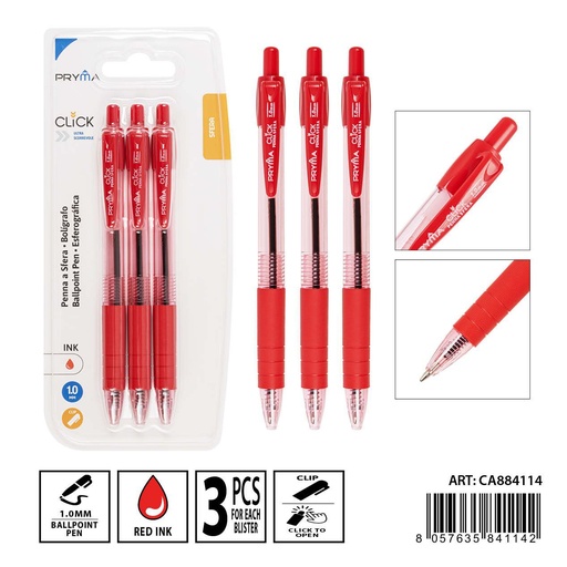 [0232922] Bolígrafo con clic 1 mm 3 pzs en rojo - Herramientas de escritura