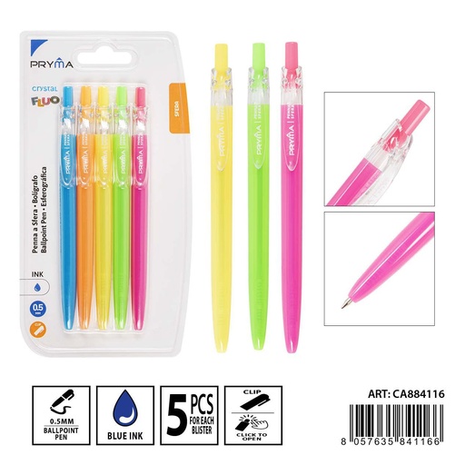 [0232924] Bolígrafo fluo cristal 0.5 mm 5 unidades - Material de oficina