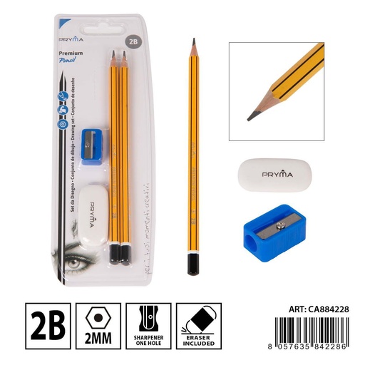 [0233824] Lápiz 2B 2 pcs + sacapuntas + goma blanca - Utensilios de escritura