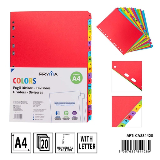 [0234435] Separadores índice colores con letras A4 20 div - Papelería y separadores