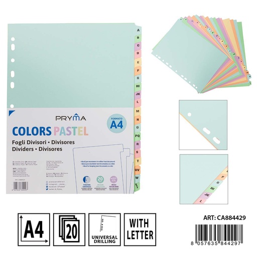 [0234438] Separadores índice pastel con letras 20 div - Ideal para archivos escolares