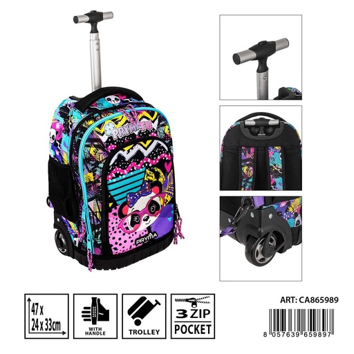 [0234922] Mochila escolar con ruedas 45X22X32.5 cm con panda - Mochilas