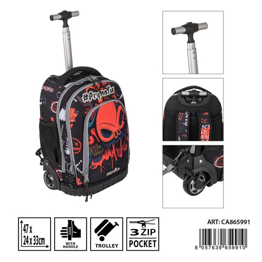 [0234924] Mochila escolar con ruedas y diseño calavera 47x24x33cm