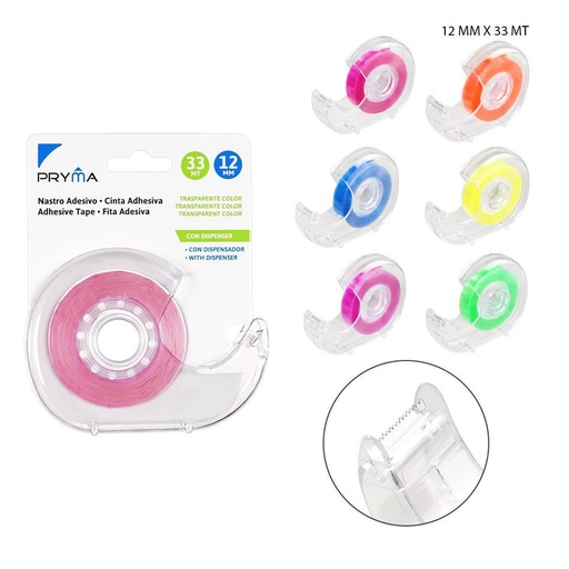 [0231061] Cinta adhesiva transparente de color con dispensador 12mmx33m - Suministros escolares