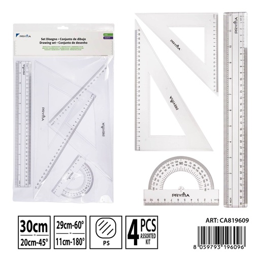 [0230748] Kit de regla 30cm y escuadra 20cm y 29cm transparente con transportador para dibujo