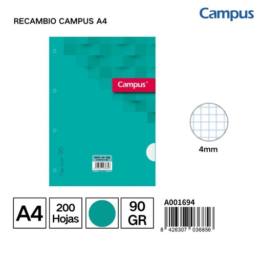 [A001694] Recambio A4 Campus 200 hojas 90g cuadrícula 4mm para archivadores y carpetas