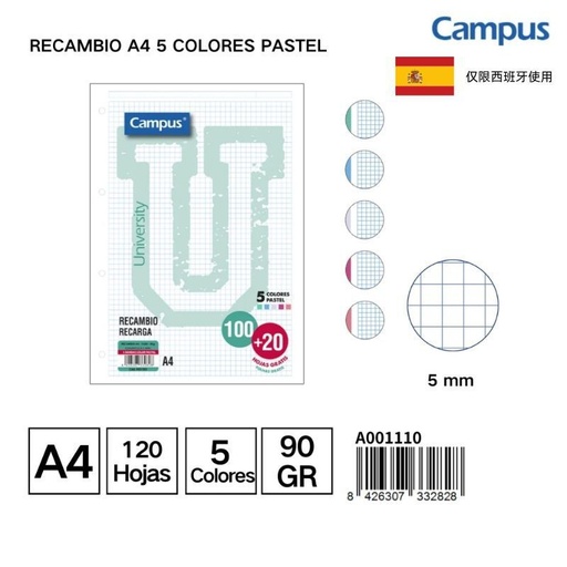 [A001110] Recambio de cuaderno A4 100H en 5 colores pastel - Papelería y organización