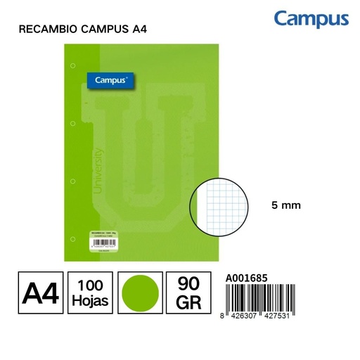 [A001685] Recambio Campus A4 100H 90g Cuadr. 5mm Verde - Papel cuadrado para óptima escritura