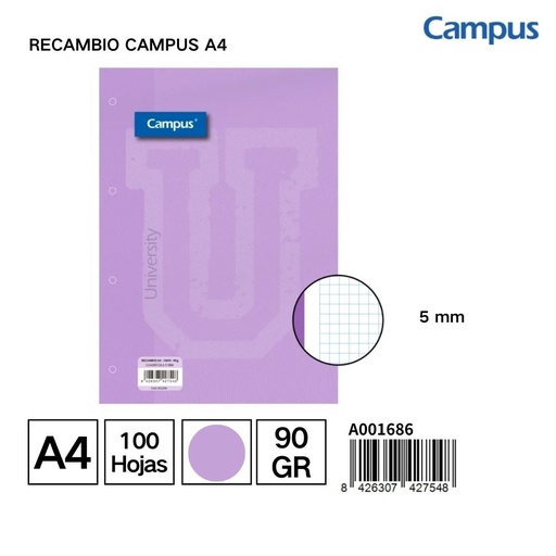 [A001686] Recambio Campus A4 100H 90g Cuadr. 5mm Violeta - Papel para notas en varios colores
