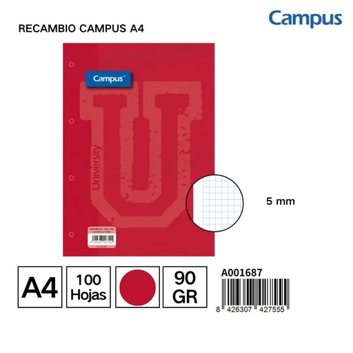 [A001687] Recambio Campus A4 100 hojas 90g cuadrícula 5mm roja para archivadores