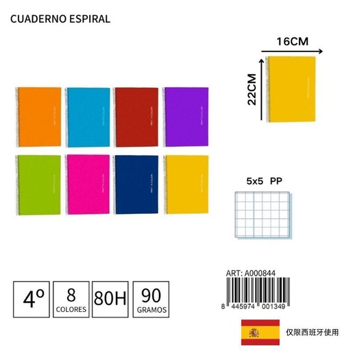 [A000844] Cuaderno espiral 4º 80H/90G 5x5 PP - Papelería escolar y cuadernos