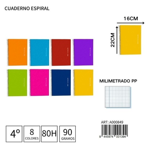 [A000849] Cuaderno espiral 4º 80H/90G MILIMETRADO PP - Material de papelería