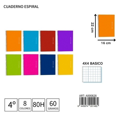 [A000828] Cuaderno espiral 4º 80H/60G 4x4 suave - Material escolar básico