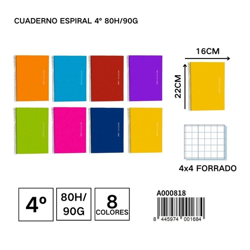 [A000818] Cuaderno espiral 4º 80H/90G 4x4 FORRADA - Material de papelería