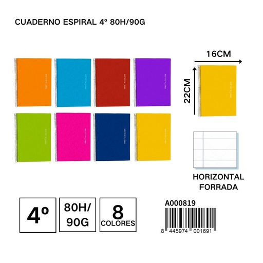 [A000819] Cuaderno espiral 4º 80H/90G HORIZONTAL FORRADA - Material de papelería