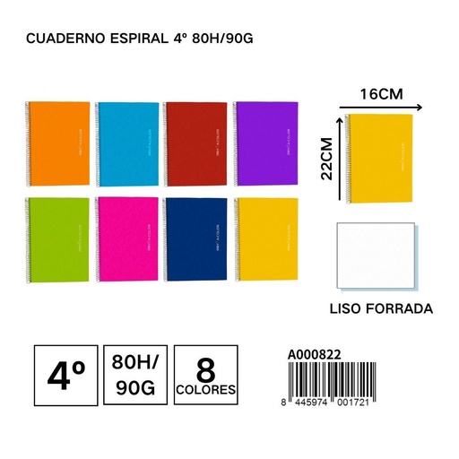 [A000822] Cuaderno espiral 4º 80H/90G LISO FORRADA - Material de papelería