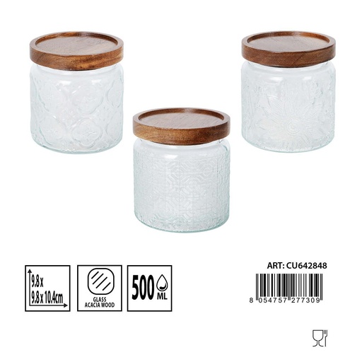 [0235869] Bote de cristal 500ML con tapa de acacia 9.8X9.8X10.4CM - Almacenamiento