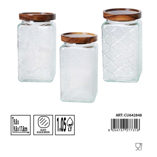 [0235870] Bote de cristal con tapa de 1050ml 9.8x9.8x14.2cm para almacenamiento