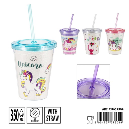 [0236843] Vaso con pajita unicornio 350ml 12x10x6.5cm para niños